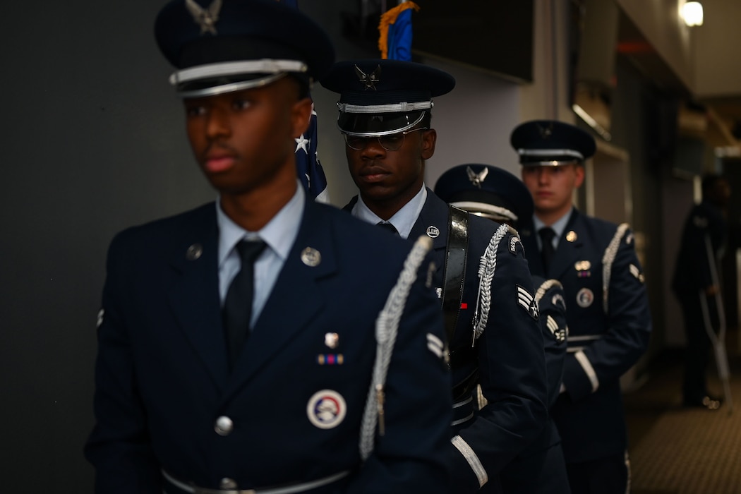 The Goodfellow Air Force Base Honor Guard prepares to present the colors during the Airman Leadership School Class 25-D Graduation Ceremony at the Powell Event Center, Goodfellow Air Force Base, Texas, May 22, 2025. One of the purposes of the Honor Guard is to present the National Colors during official ceremonies. (U.S. Air Force photo by Senior Airman Evelyn J. D’Errico)