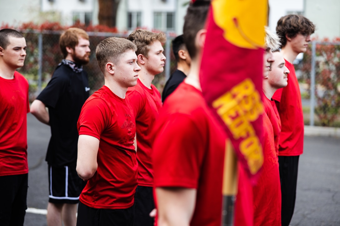 U.S. Marine Corps poolees with Recruiting Sub-Station Medford, Recruiting Station Portland, stand in formation during a physical training session in Medford, Oregon, April 8, 2025. Physical training sessions are held to raise unit morale and build camaraderie. (U.S. Marine Corps photo by Sgt. Andrew Bray)