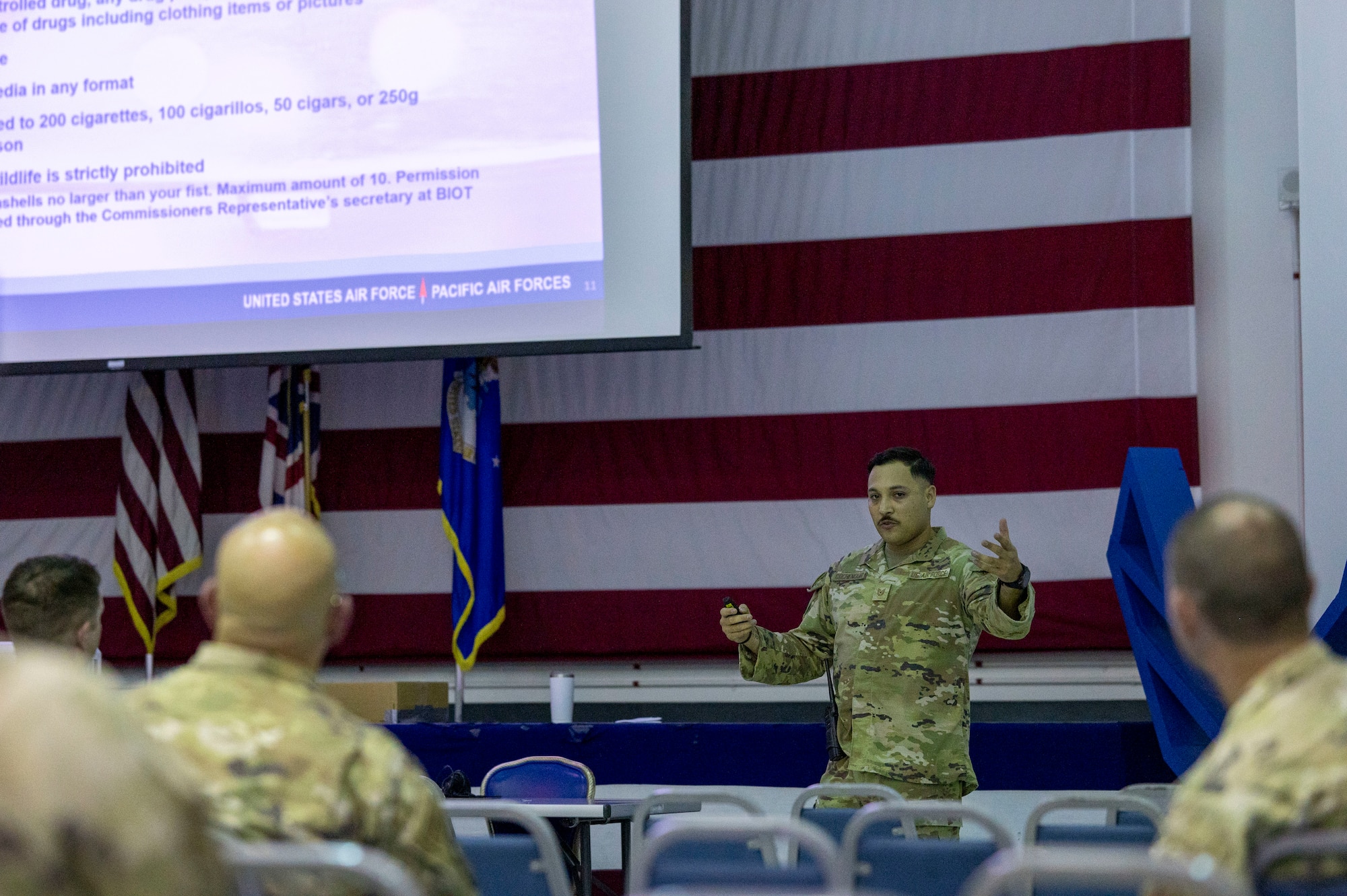 Tech. Sgt. Joseph Cochenour, 36th Mission Support Group Det. 1 CSS Section Chief, briefs deployed Airmen on declared items when leaving the island at Diego Garcia, British Indian Ocean Territory, May 14, 2025.