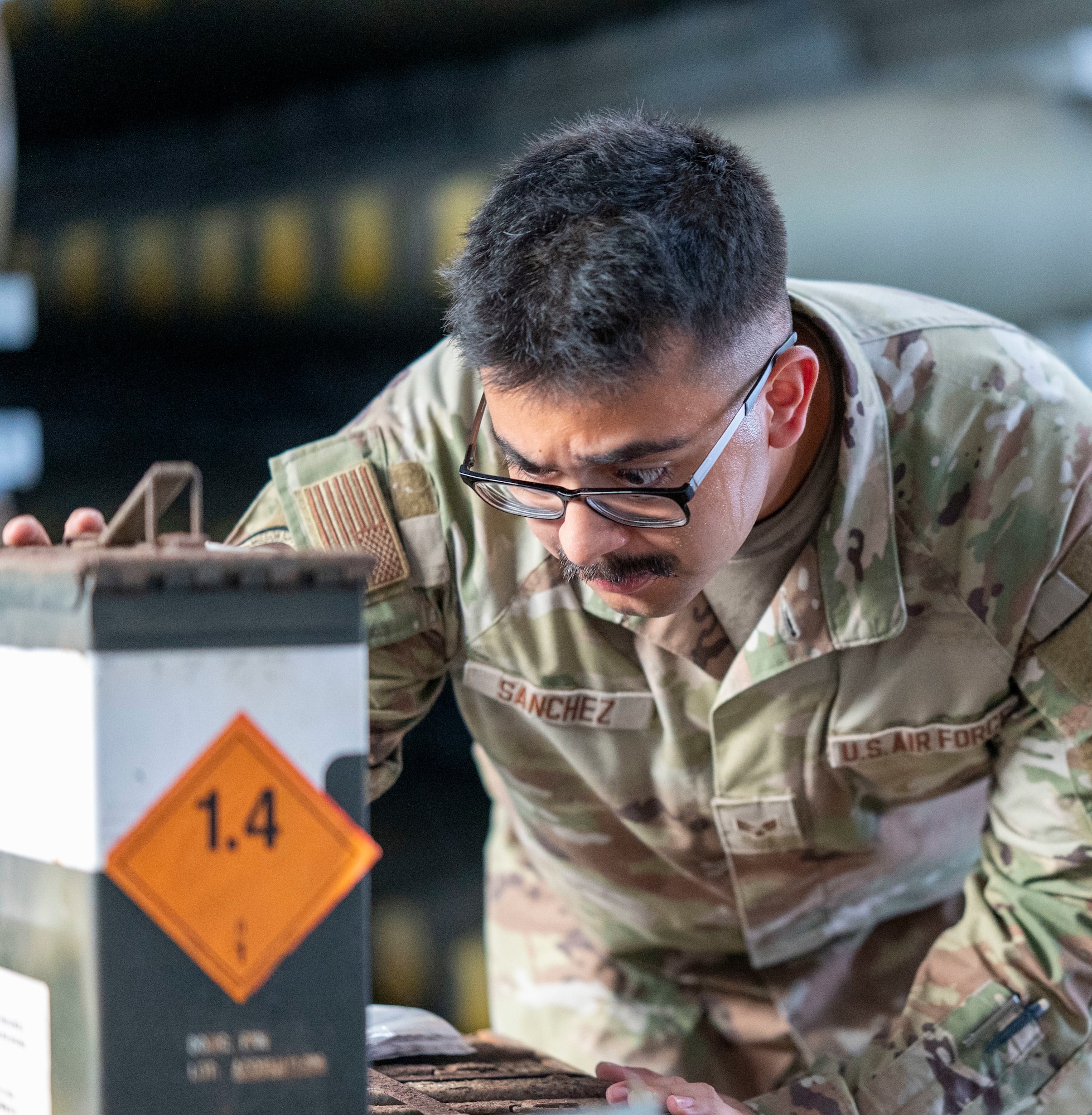 Senior Airman Erick Sanchez, 36th Mission Support Group Det. 1 Munitions Inspector, inspects ammunition at Diego Garcia, British Indian Ocean Territory, May 15, 2025.