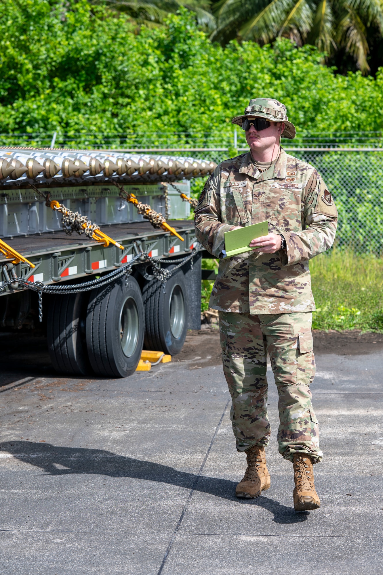 Senior Airman Camden Black, 36th Mission Support Group Det. 1 Stockpile Maintenance Crew Chief, draws a map of the placement of ammunition at Diego Garcia, British Indian Ocean Territory, May 15, 2025.