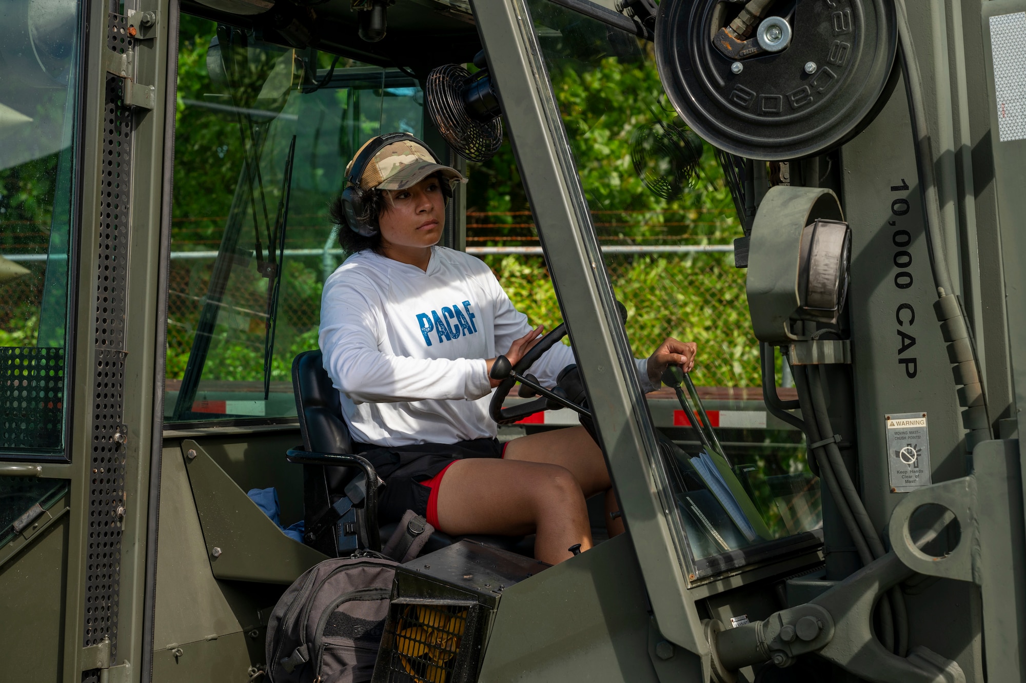 Senior Airman Arline Iturriaga, 36th Mission Support Group Det. 1 Stockpile Management Crew Chief, operates a forklift at Diego Garcia, British Indian Ocean Territory, May 17, 2025.