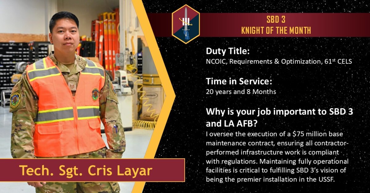 A U.S. Air Force airman stands in his uniform and an orange vest in the warehouse where he conducts his work. The text reads: Duty Title: NCOIC, Requirements & Optimization, 61st CELS. Time in Service: 20 years and 8 Months. Why is your job important to SBD 3 and LA AFB? I oversee the execution of a $75 million base maintenance contract, ensuring all contractor-performed infrastructure work is compliant with regulations. Maintaining fully operational facilities is critical to fulfilling SBD 3’s vision of being the premier installation in the USSF."