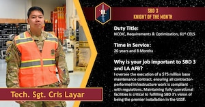 A U.S. Air Force airman stands in his uniform and an orange vest in the warehouse where he conducts his work. The text reads: Duty Title: NCOIC, Requirements & Optimization, 61st CELS. Time in Service: 20 years and 8 Months. Why is your job important to SBD 3 and LA AFB? I oversee the execution of a $75 million base maintenance contract, ensuring all contractor-performed infrastructure work is compliant with regulations. Maintaining fully operational facilities is critical to fulfilling SBD 3’s vision of being the premier installation in the USSF."