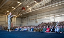 U.S. Air Force Chief of Staff Gen. David Allvin addresses Airmen at an all-call during his visit at Beale Air Force Base, California, May 28, 2025.