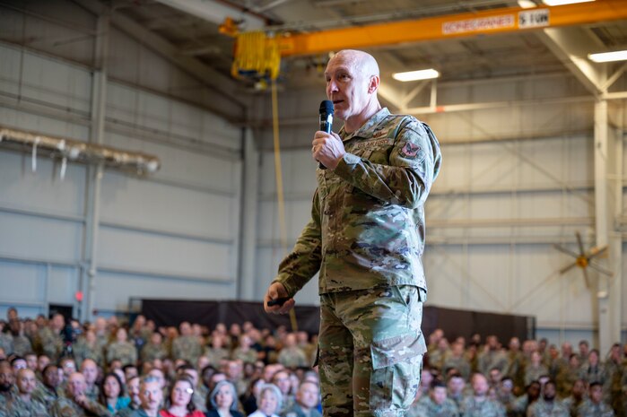 U.S. Air Force Chief of Staff Gen. David Allvin speaks to Airmen during an all call at Beale Air Force Base, California, May 28, 2025.