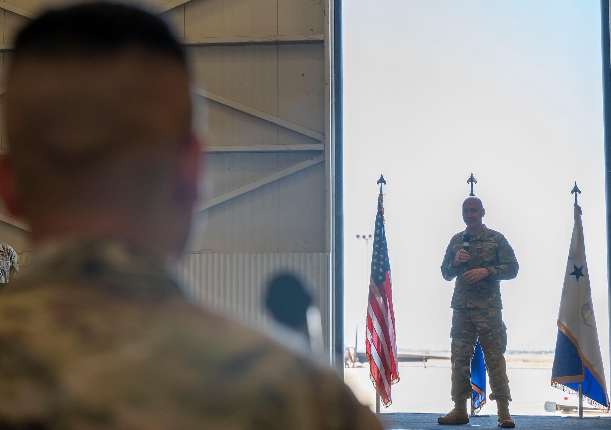 U.S. Air Force Chief of Staff Gen. David Allvin answers Airmen’s questions during an all call at Beale Air Force Base, California, May 28, 2025.
