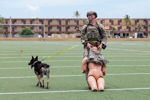 Photo of an Airman evacuating a simulated casualty during an advanced combat skills assessment