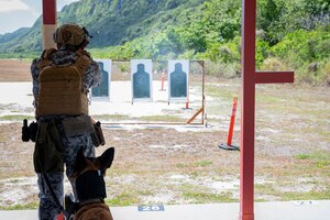 Photo of a Japan Air Self-Defense Force military working dog handler participating in a simulated stress fire event