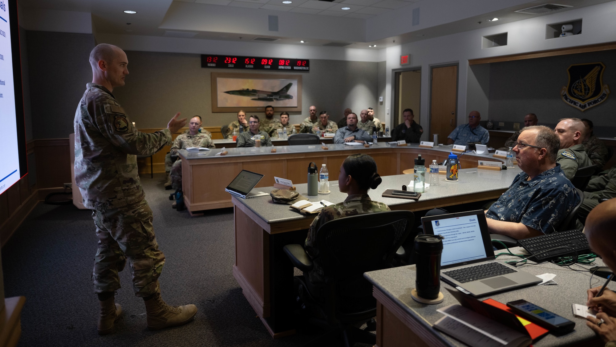 U.S. Air Force Airman speaks at a Pacific Air Forces summit.