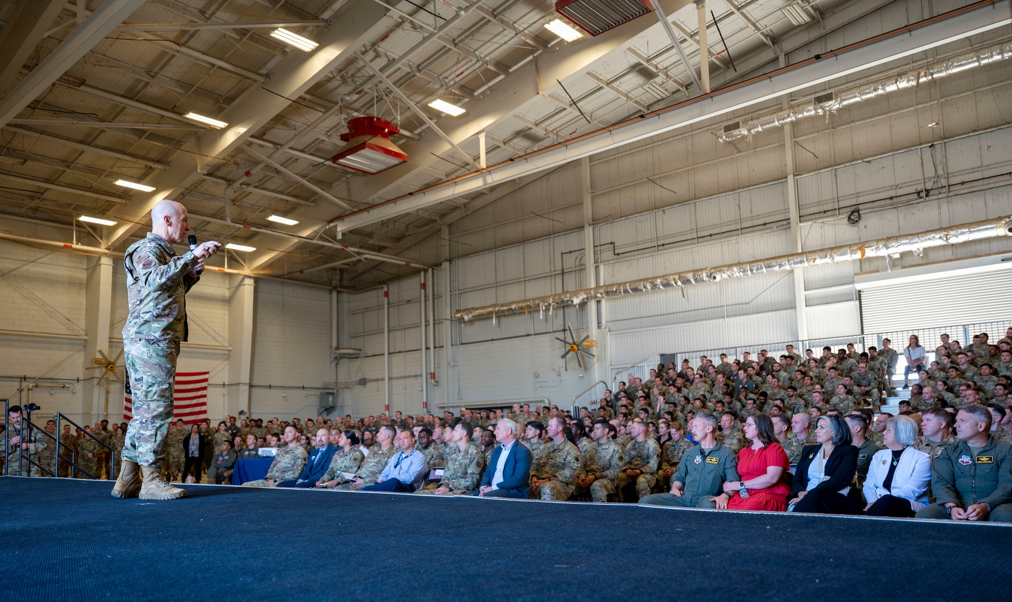 U.S. Air Force Chief of Staff Gen. David Allvin addresses Airmen at an all-call during his visit at Beale Air Force Base, California, May 28, 2025.