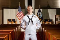 Cryptologic Technician Technical 1st Class Nathan Butts, assigned to Information Warfare Training Command (IWTC), poses for a portrait at Naval Air Station Pensacola Corry Station, Florida, May 7, 2025. IWTC Corry Station, a subordinate command of the Center for Information Warfare Training (CIWT), delivers world-class technical training to develop the Navy’s cryptologic and information warfare professionals. (U.S. Navy Photo by Public Affairs Specialist Austen McClain)