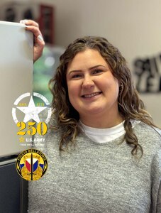 Celine McCreery is an Army Expeditionary Civilian Workforce deployer to Europe from Fort Novosel, Alabama, assigned to the 405th Army Field Support Brigade in Kaiserslautern, Germany. McCreery said, “I’m proud to serve here as an AECW deployer on the year the Army celebrates its 250th birthday. Happy birthday, U.S. Army!”
