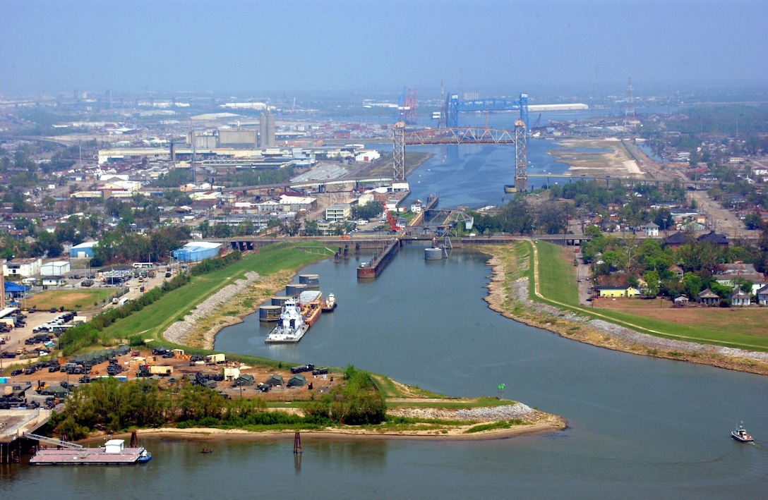 Aerial photo of the Inner Harbor Navigation Canal Lock in New Orleans.