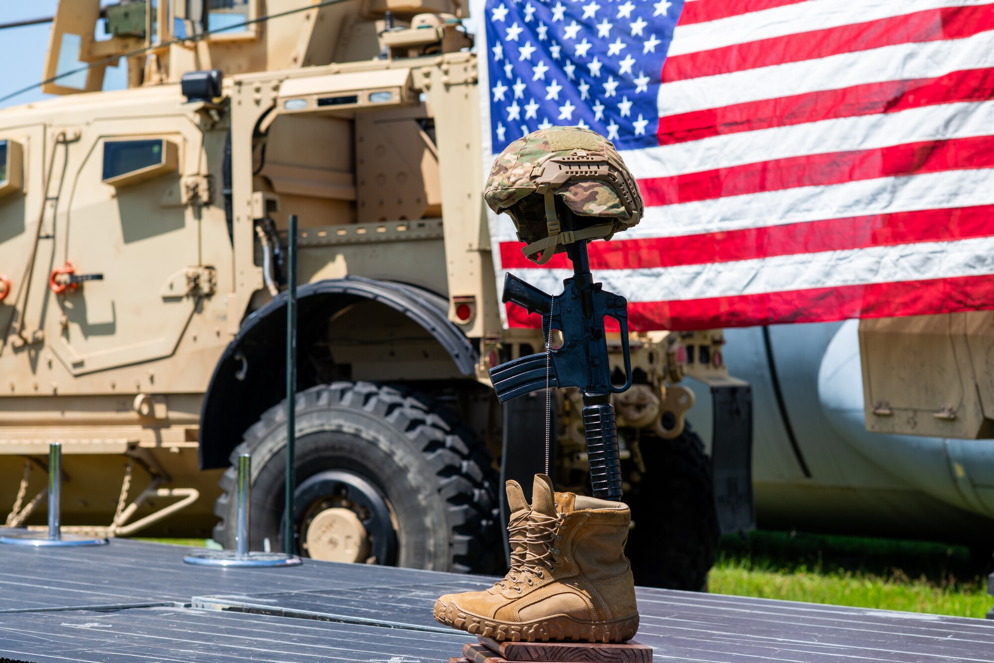 A memorial display on stage.