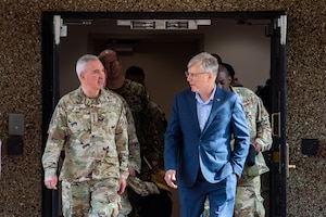Gen. Stephen Whiting, U.S. Space Command commander, meets with Secretary of the Air Force Troy Meink during his visit to Peterson and Schriever Space Force Base in Colorado, May 28, 2025. While in Colorado, Meink visited the Space Operations Command, the National Space Defense Center and several U.S. Space Force Deltas ahead of delivering the commencement address at the U.S. Air Force Academy on May 29, 2025. Meink has underscored space superiority as a priority while emphasizing the need to balance readiness and power projection to deter adversaries. USSPACECOM, working with Allies and Partners, plans, executes, and integrates military spacepower into multi-domain global operations in order to deter aggression, defend national interests, and when necessary, defeat threats. (U.S. Space Force Photo by Dalton Prejeant)