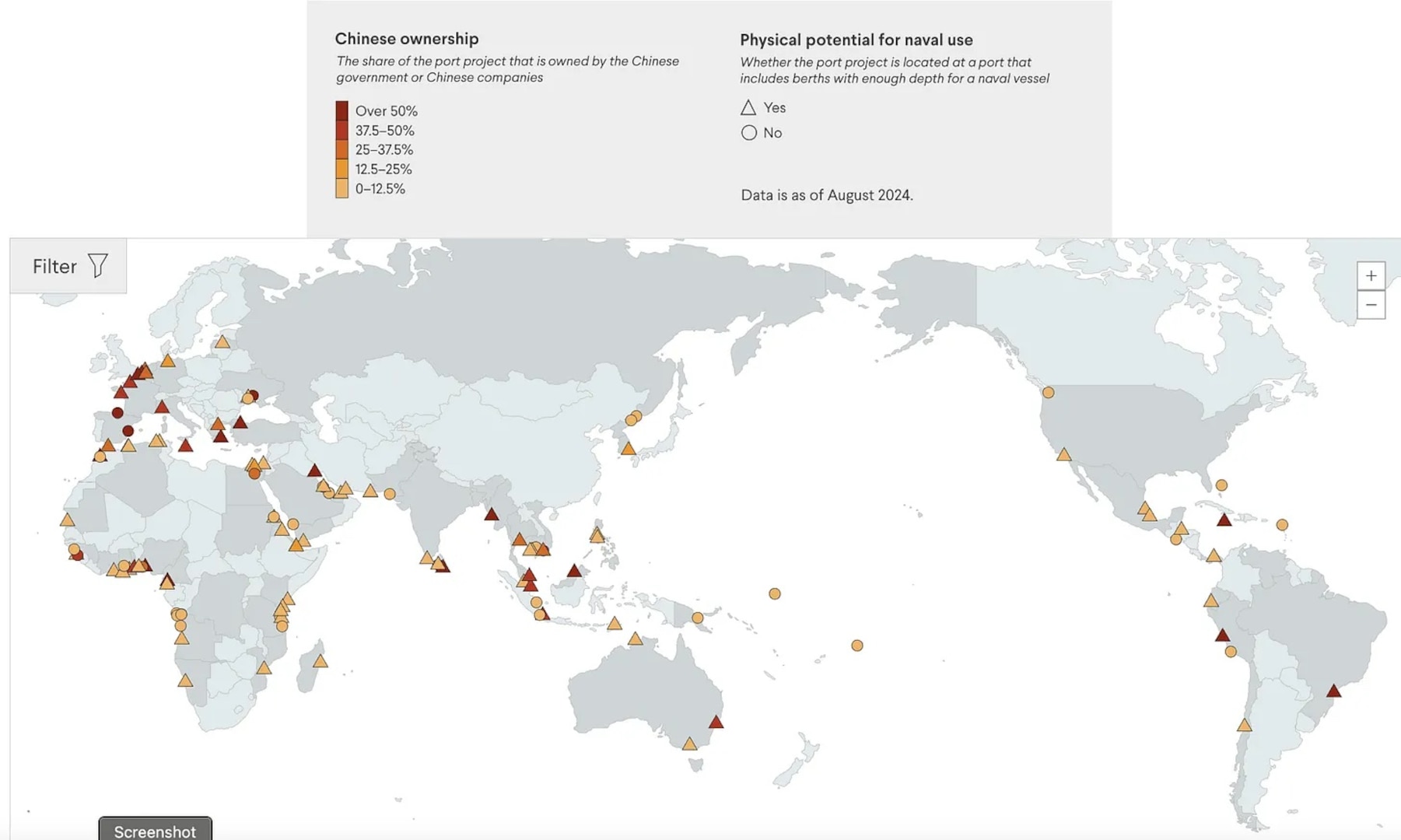 A map that shows the share of the port project that is owned by the Chinese government or Chinese companies and distinguishes whether the port project is located at a port that includes berths with enough depth for a naval vessel. Data is from August 2024.