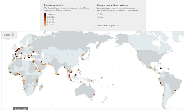 A map that shows the share of the port project that is owned by the Chinese government or Chinese companies and distinguishes whether the port project is located at a port that includes berths with enough depth for a naval vessel. Data is from August 2024.