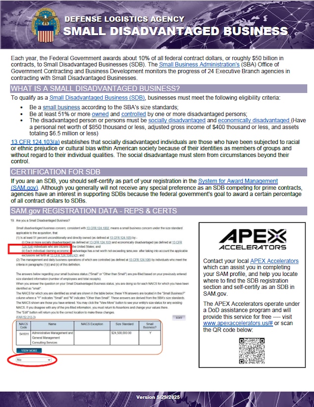 Small Disadvantaged Business flyer explaining what a SDB is, certifications for SDB,  registration in SAM.gov, and additional information and resources.