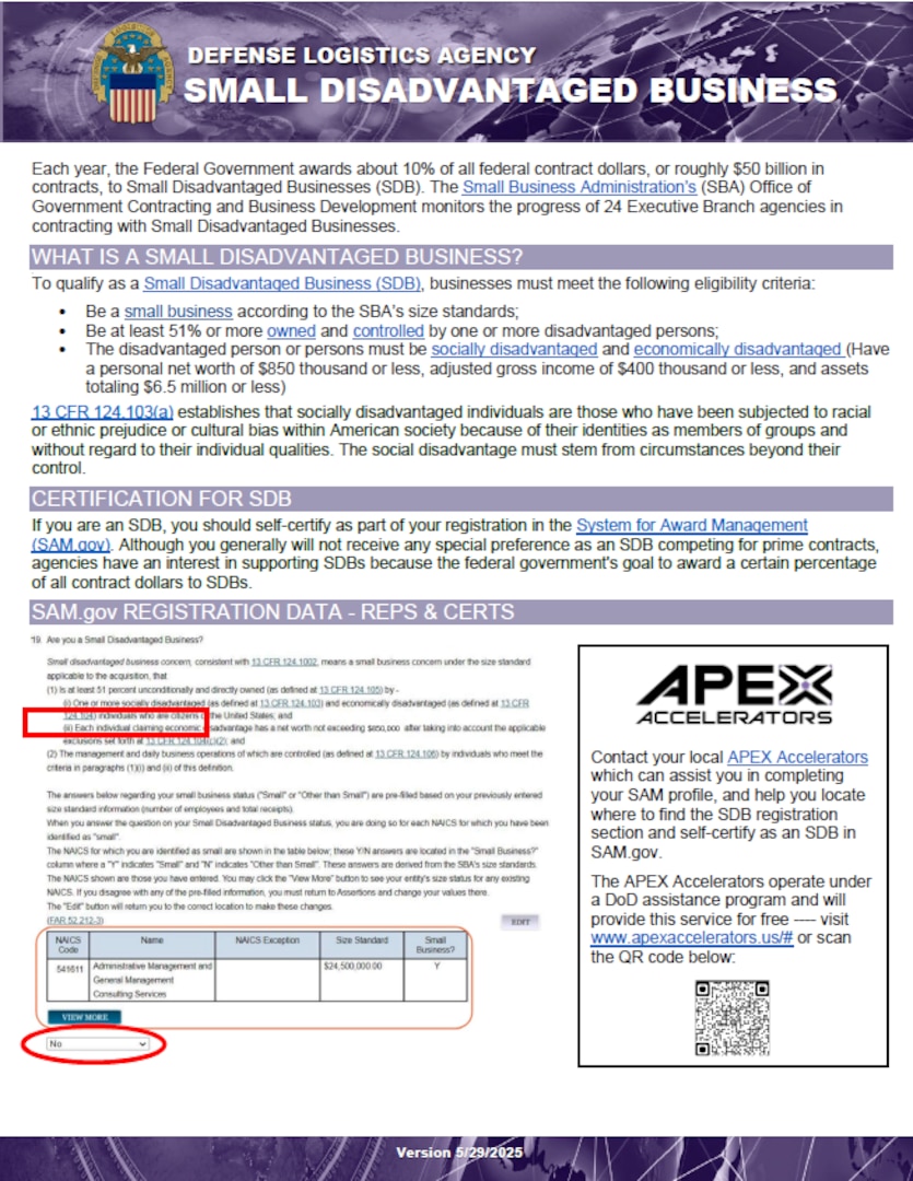 Small Disadvantaged Business flyer explaining what a SDB is, certifications for SDB,  registration in SAM.gov, and additional information and resources.