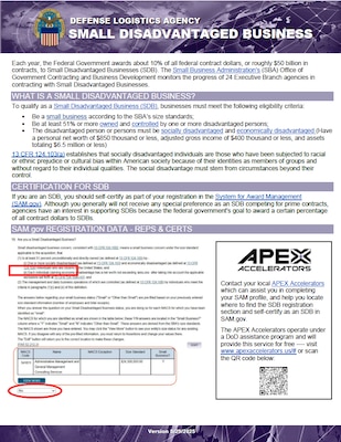 Small Disadvantaged Business flyer explaining what a SDB is, certifications for SDB,  registration in SAM.gov, and additional information and resources.