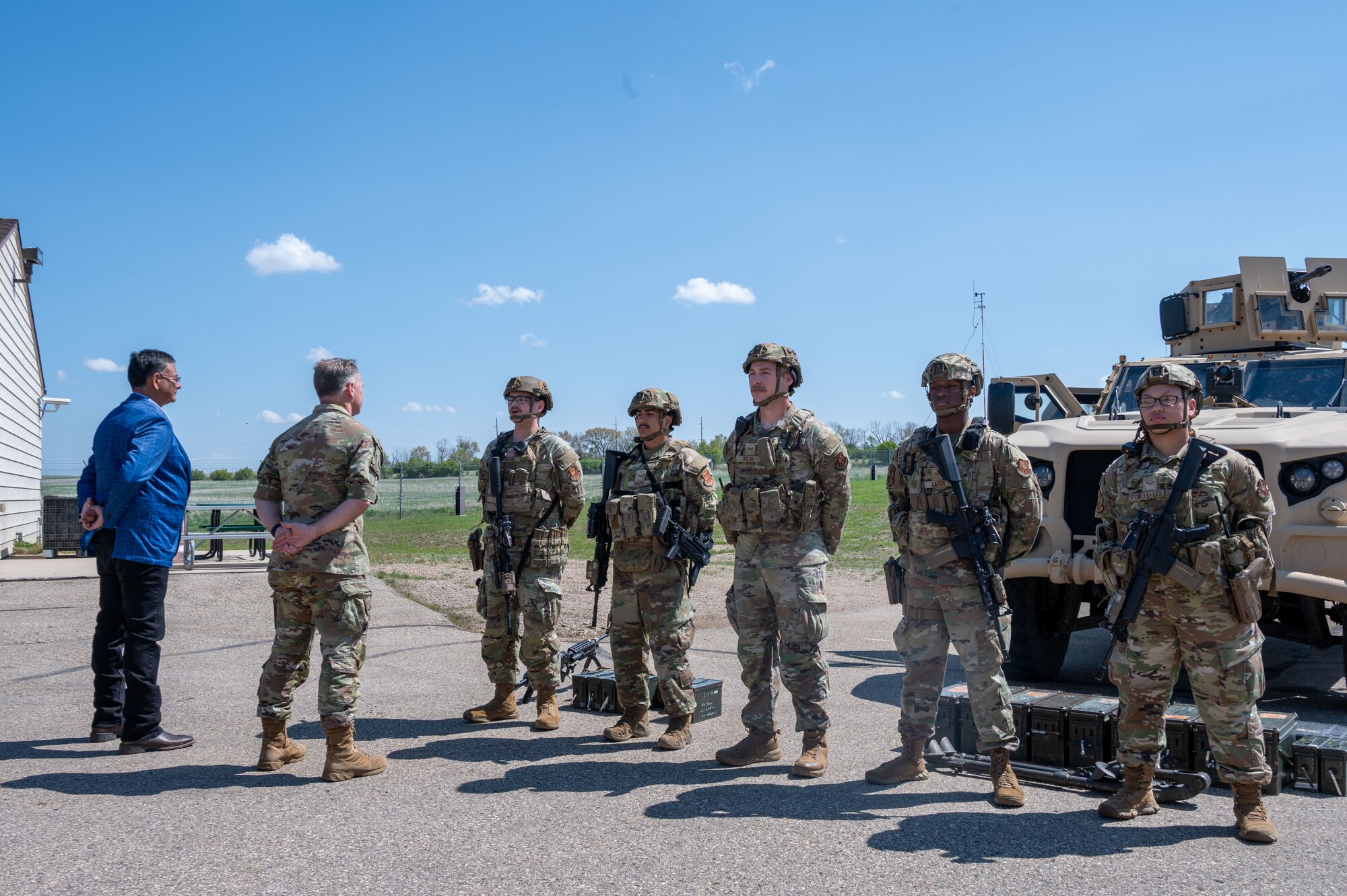Mark Fox, chairman of the Mandan, Hidatsa and Arikara Nation, (left) receives a mission brief during a tour of Missile Alert Facility H-01 at Minot Air Force Base, North Dakota May 27, 2025. The visit provided an opportunity for Fox to learn about the 91st Missile Wing’s mission and engage with personnel serving at the remote site. (U.S. Air Force photo by Airman 1st Class Luis Gomez)