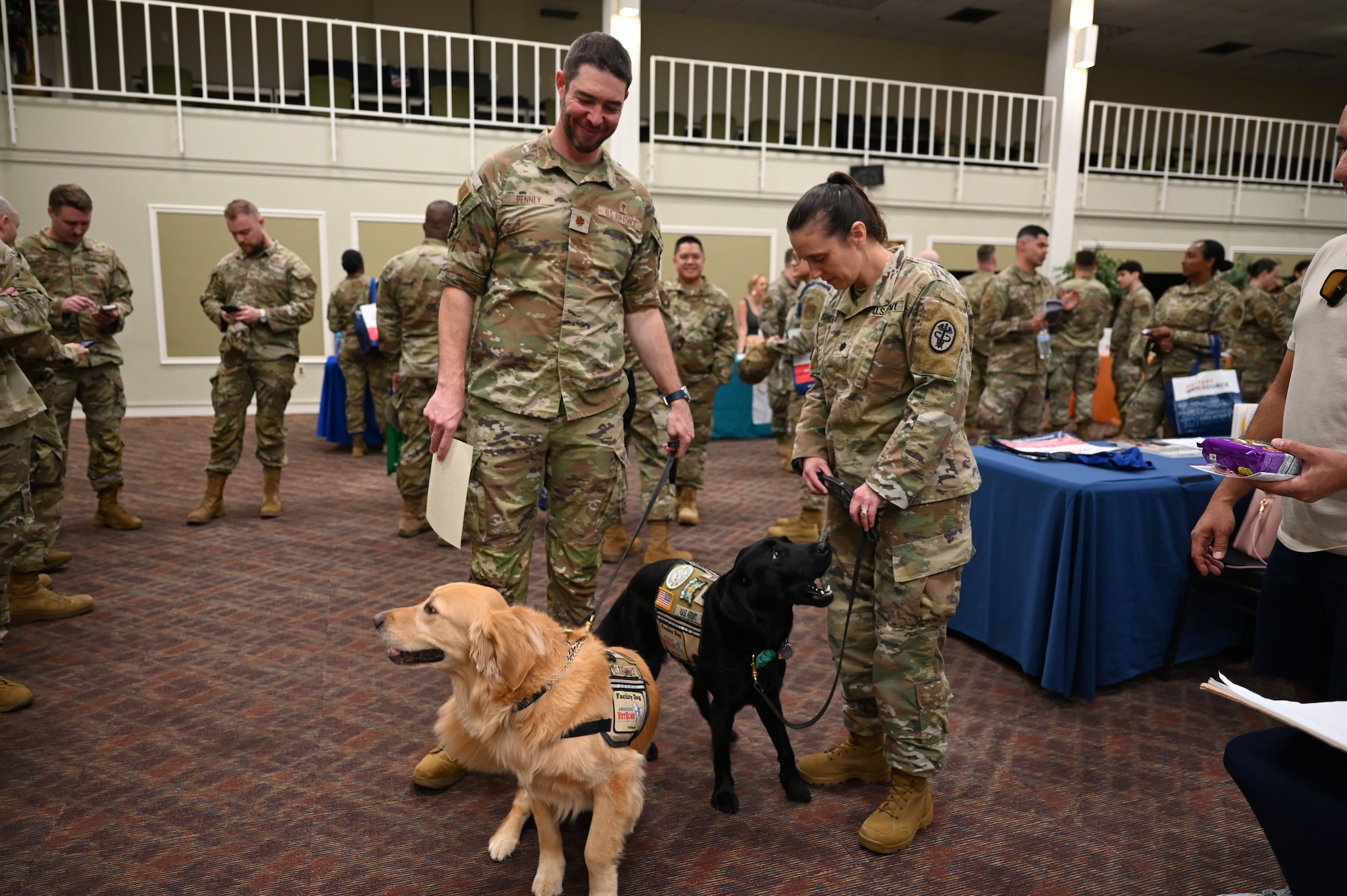 Brooke Army Medical Center Facility Dogs attend the resource fair providing their therapeutic and emotional support services at Arnold Hall on May 3, 2025. The facility dogs provide support throughout BAMC, the outlying clinics and other areas across Joint Base San Antonio. (US Air Force photo by Alex Dieguez)