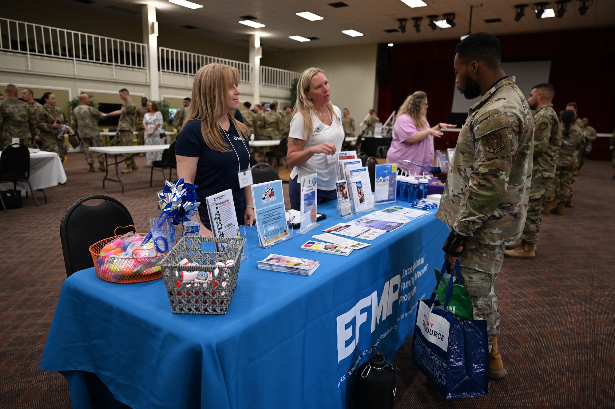 Supporting mental health organizations provide their counsel and resources to Airmen attending the resource fair at Arnold Hall on May 3, 2025. As part of Mental Health Awareness Month in May, the event sets opportunity for servicemembers to reflect on their mental wellness and expand their resiliency options. (US Air Force photo by Alex Dieguez)