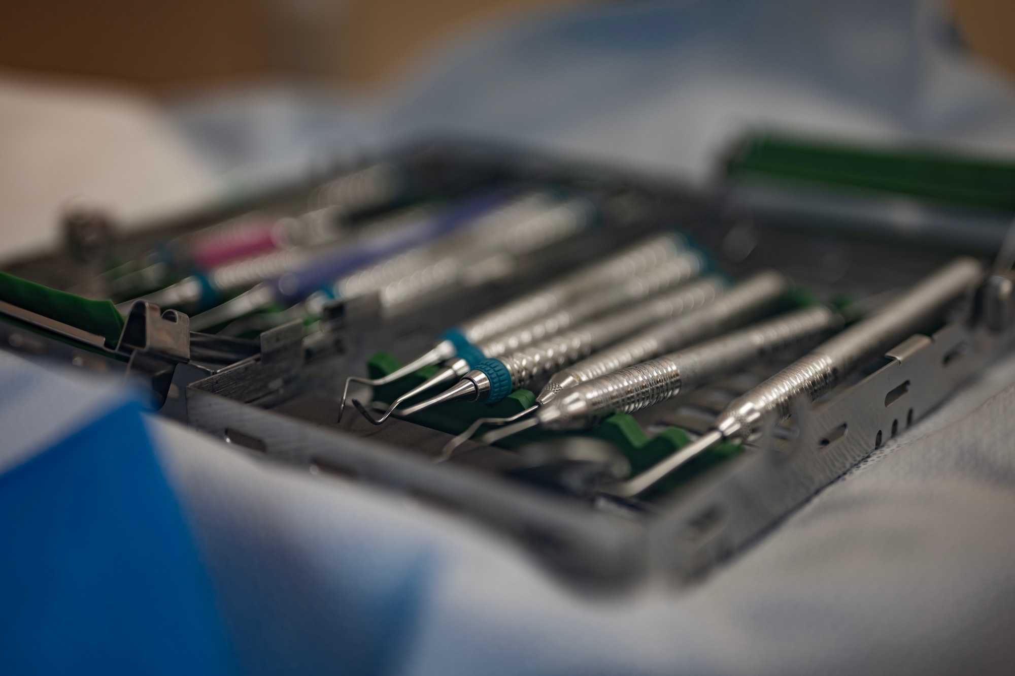 Dental picks are displayed during a dentist appointment at Minot Air Force Base, North Dakota, May 28, 2025. It is the 5th Operational Medical Readiness Squadron dental flight’s mission to improve the oral hygiene of service members to keep Airmen mission-ready. (U.S. Air Force photo by Senior Airman Alyssa Bankston)