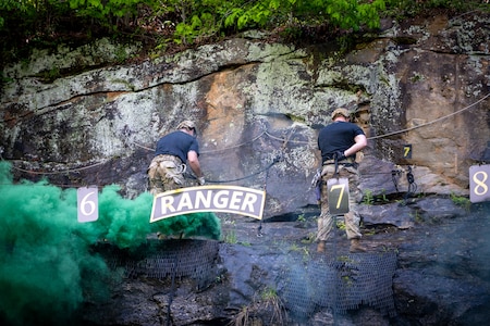 Two Army Rangers perform mountaineering training.