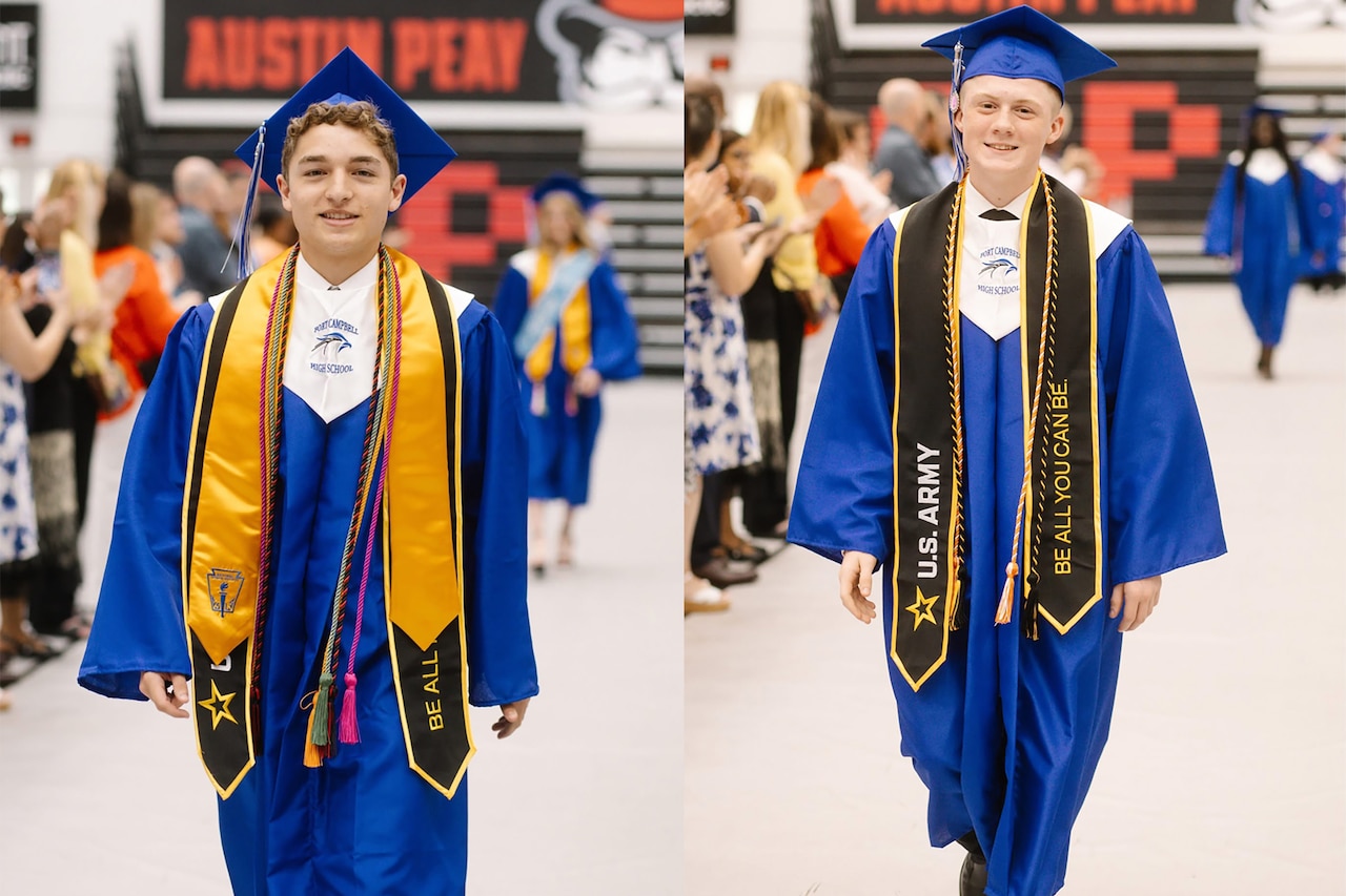 A graphic shows two photos, each of a teen walking down an aisle in graduation cap and gown.