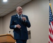 U.S. Air Force Gen. Thomas A. Bussiere, commander of Air Force Global Strike Command, gives a speech about the importance of the Site Activation Task Force (SATAF) Detachment 12 activation at Minot Air Force Base, North Dakota, May 21, 2025. The activation of SATAF Det. 12 marks an important step in preparing the base’s infrastructure to support the establishment of the next-generation Sentinel Intercontinental Ballistic Missile system. (U.S. Air Force photo by Airman 1st Class Wesley Davies)