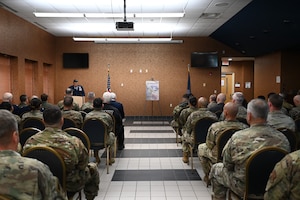 U.S. Air Force Colonel Jeffrey Cannet, 106th Rescue Wing commander, gives his remarks during an inaugural Day of Remembrance ceremony on Francis S. Gabreski Air National Guard Base, Westhampton Beach, N.Y., May 22, 2025.