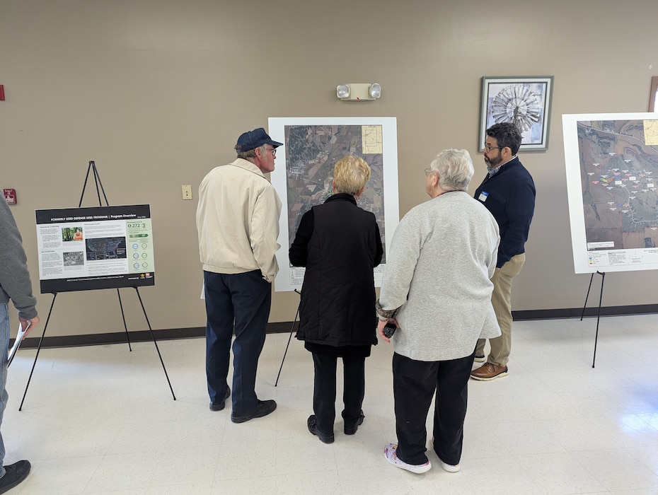 A geologist explains the results of three pilot studies to local residents during a public meeting in Missouri Valley, Iowa, hosted by the U.S. Army Corps of Engineers, Omaha District, May 21, 2025.