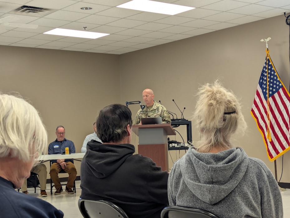 Col. Robert Newbauer, commander of the U.S. Army Corps of Engineers, Omaha District, speaks to residents during a public meeting in Missouri Valley, Iowa, May 21, 2025.