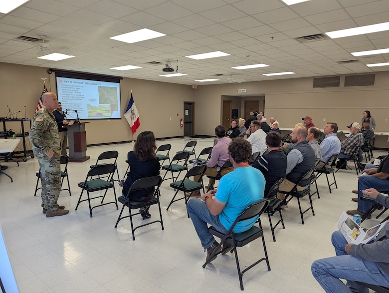 Col. Robert Newbauer, commander of the U.S. Army Corps of Engineers, Omaha District, answers questions from local Missouri Valley, Iowa residents during a public meeting, May 21, 2025.