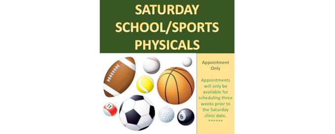 WAMC will be offering School and Sports physicals from 8 a.m. to 3 p.m. on numerous Saturdays starting June 28th! These are by appointment only! Please bring all physical forms to your appointment.
Byars Health Clinic 28 JUNE 2025
Robinson Health Clinic 19 JULY 2025
Hope Mills Medical Home 19 JULY 2025
Clark Health Clinic 26 JULY 2025
Linden Oaks Medical Home 9 AUGUST 2025
Womack Family Medicine Clinic 16 AUGUST 2025
To schedule call 910-907-2778.  No Walk-ins. 
Please note that all children 10 years of age and older are required to have a federal Identification Card (ID) card. 