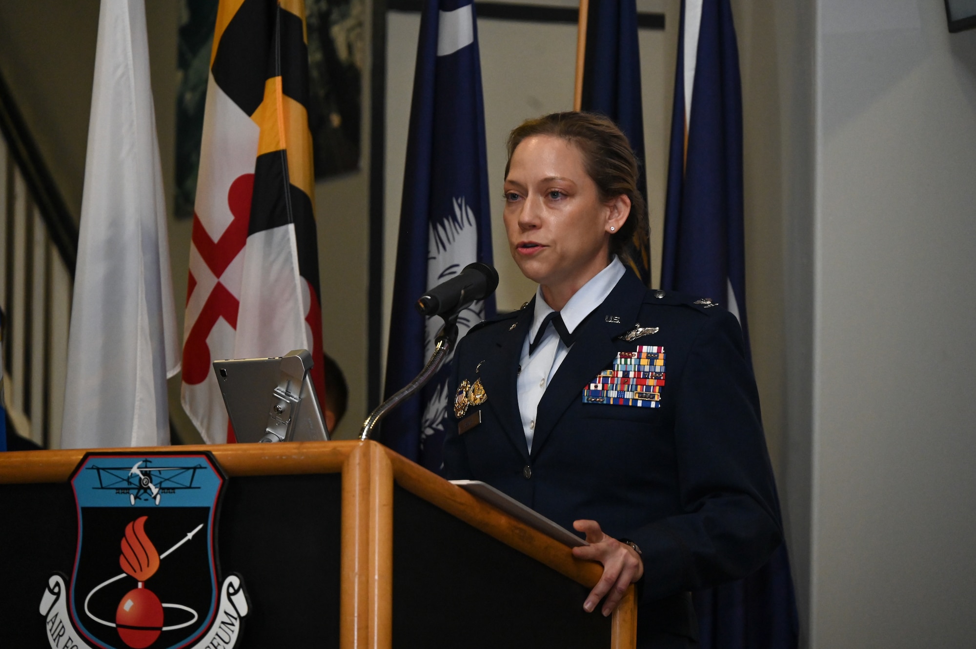 U.S. Air Force Col. Candice Sperry, 350th Spectrum Warfare Group commander, gives opening remarks during the 16 Electronic Warfare Squadron change of command at Eglin Air Force Base, Fla., May 28, 2025. The 16 EWS provides electromagnetic warfare support for U.S. Air Force Global Strike platforms and systems. (U.S. Air Force photo by Capt. Benjamin Aronson)