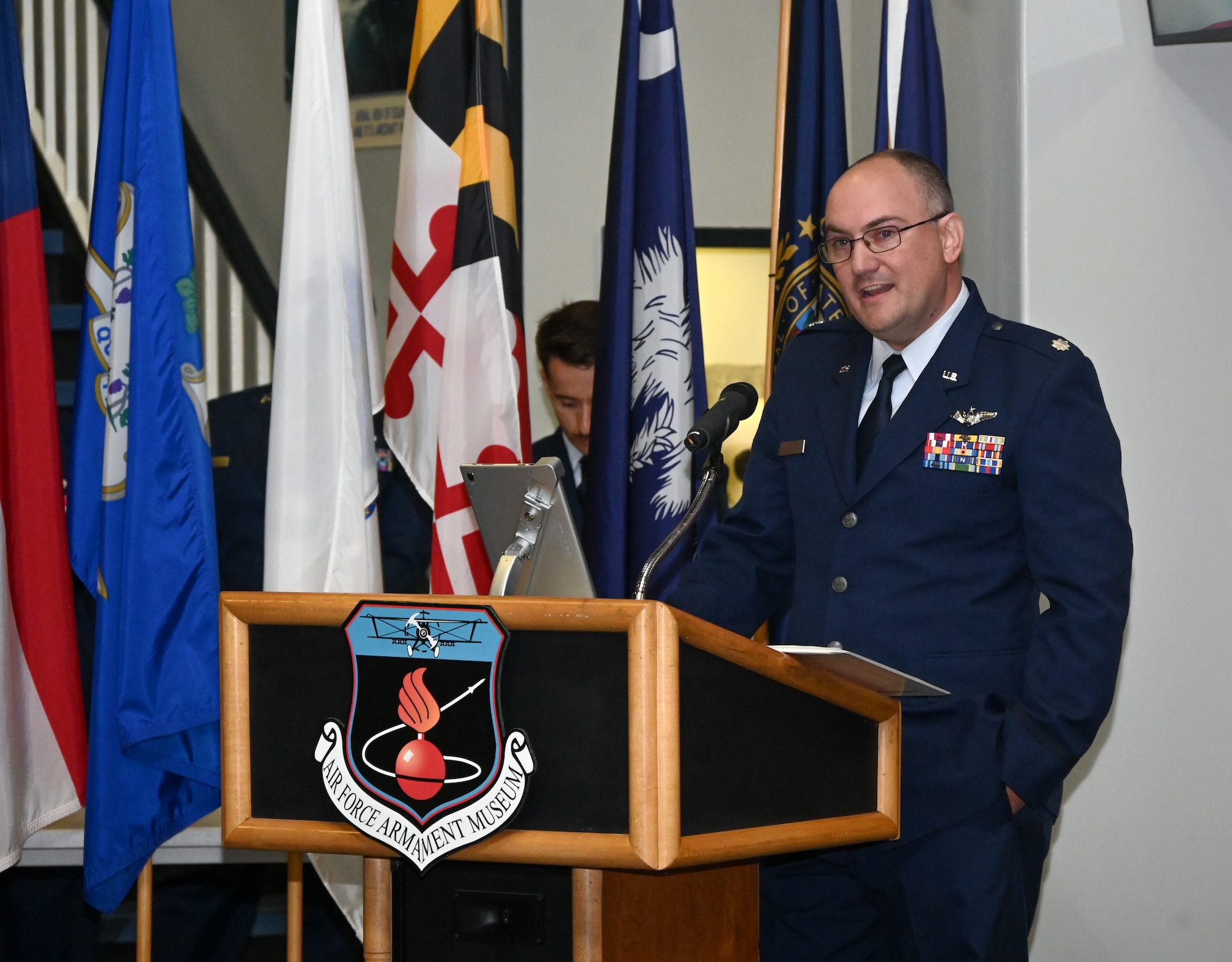 U.S. Air Force Lt. Col. Joseph Ellis, 16th Electronic Warfare Squadron commander, gives his first remarks after taking command of the 16 EWS during a change of command ceremony at Eglin Air Force Base, Fla., May 28, 2025. The 16 EWS provides electromagnetic warfare support for U.S. Air Force Global Strike platforms and systems. (U.S. Air Force photo by Capt. Benjamin Aronson)