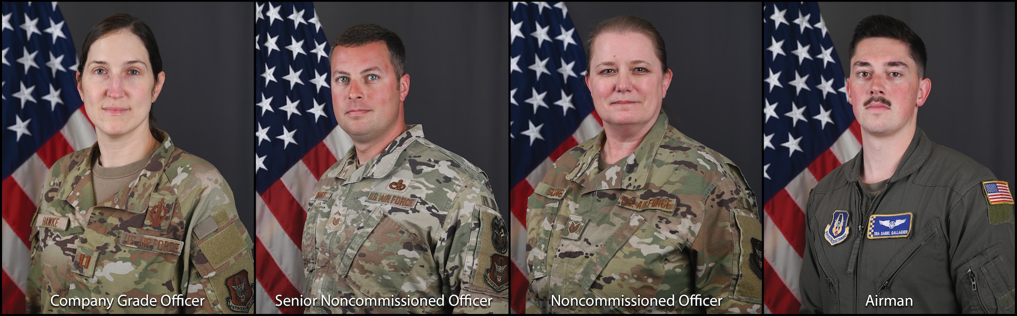 The 445th Airlift Wing 1st Quarter Calendar Year 2025 award winners are the Company Grade Officer of the Quarter U.S. Air Force Capt. Carrie Stachura, 445th Logistics Readiness Squadron fuels and ground transportation flight commander; Senior Noncommissioned Officer of the Quarter Senior Master Sgt. David Smart, 445th Airlift Wing Inspector General Inspections senior enlisted leader; Noncommissioned Officer of the Quarter Tech. Sgt. Wendy Glover, 445th LRS logistics planner; and Airman of the Quarter Senior Airman Daniel Gallagher, 89th Airlift Squadron loadmaster. (U.S. Air Force photo illustration by Amanda Dick)