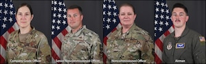 The 445th Airlift Wing 1st Quarter Calendar Year 2025 award winners are the Company Grade Officer of the Quarter U.S. Air Force Capt. Carrie Stachura, 445th Logistics Readiness Squadron fuels and ground transportation flight commander; Senior Noncommissioned Officer of the Quarter Senior Master Sgt. David Smart, 445th Airlift Wing Inspector General Inspections senior enlisted leader; Noncommissioned Officer of the Quarter Tech. Sgt. Wendy Glover, 445th LRS logistics planner; and Airman of the Quarter Senior Airman Daniel Gallagher, 89th Airlift Squadron loadmaster. (U.S. Air Force photo illustration by Amanda Dick)