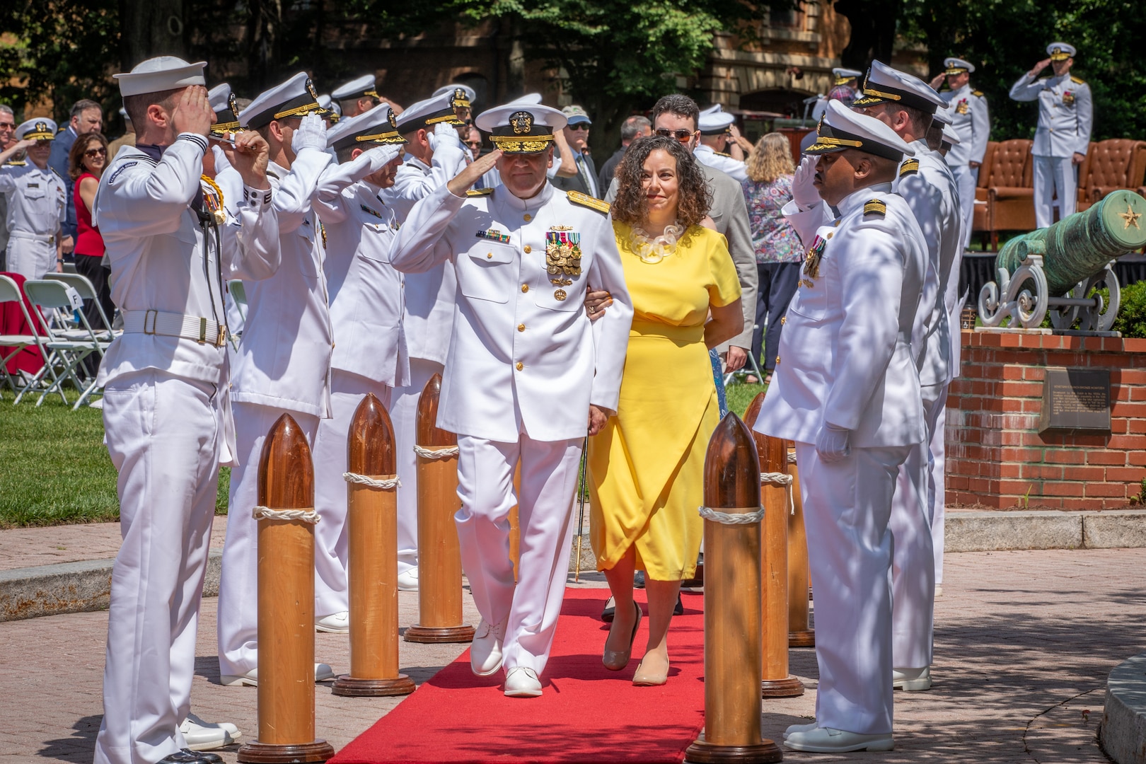Dr. Brett Seidle (center), Acting Assistant Secretary of the Navy for Research Development and Acquisition, presides as Rear Adm. Brian Metcalf (right) relieves Rear Adm. Tom Anderson (left) as Program Executive Officer, Ships during a change of office ceremony held at the Washington Navy Yard’s Leutze Park, May 30.