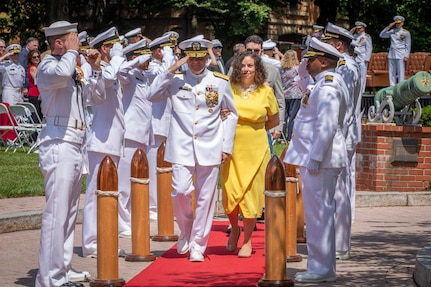 Dr. Brett Seidle (center), Acting Assistant Secretary of the Navy for Research Development and Acquisition, presides as Rear Adm. Brian Metcalf (right) relieves Rear Adm. Tom Anderson (left) as Program Executive Officer, Ships during a change of office ceremony held at the Washington Navy Yard’s Leutze Park, May 30.