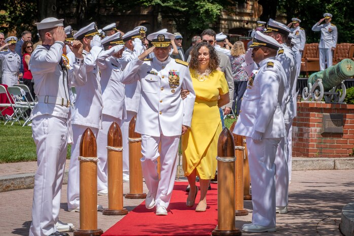 Dr. Brett Seidle (center), Acting Assistant Secretary of the Navy for Research Development and Acquisition, presides as Rear Adm. Brian Metcalf (right) relieves Rear Adm. Tom Anderson (left) as Program Executive Officer, Ships during a change of office ceremony held at the Washington Navy Yard’s Leutze Park, May 30.
