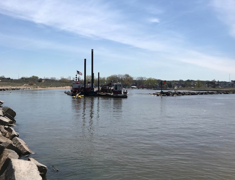 The U.S. Army Corps of Engineers, Detroit District is scheduled to begin maintenance dredging operations in the federal navigation channel Sunday, May 31 in New Buffalo Harbor, Michigan. Dredging operations are seen in in New Buffalo Harbor file image from May 14, 2019. (U.S. Army Corps of Engineers image.)