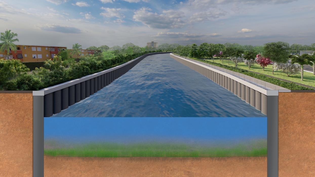 Rendering of a cross-section of the river channel after construction. The channel bottom is natural soil and the walls of the channel are concrete piles driven into the ground. Native trees, vegetation, an access road, and a bike path line the west side of the river.