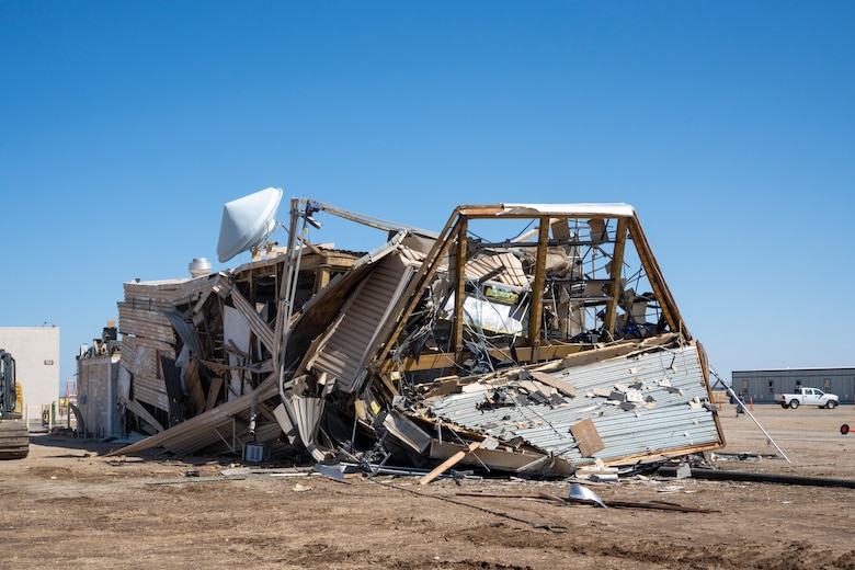 Debris from a recently demolished tower is visible April 29 at U.S. Air Force Plant 42 in Palmdale, California. Contractors conducted a follow-up inspection to ensure no hazardous materials were exposed before clearing debris and restoring the area.