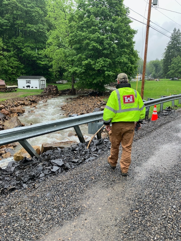 U.S. Army Corps of Engineers staff conducts debris assessments across the Georges Creek region of Allegany County on May 30.