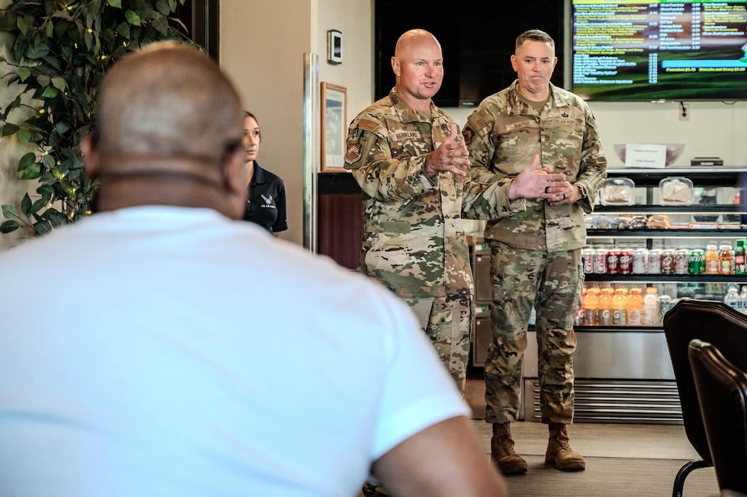 U.S. Air Force Brig. Gen. David Berkland, 56th Fighter Wing commander, speaks at a breakfast for veterans selected for a Paralympics Training Camp