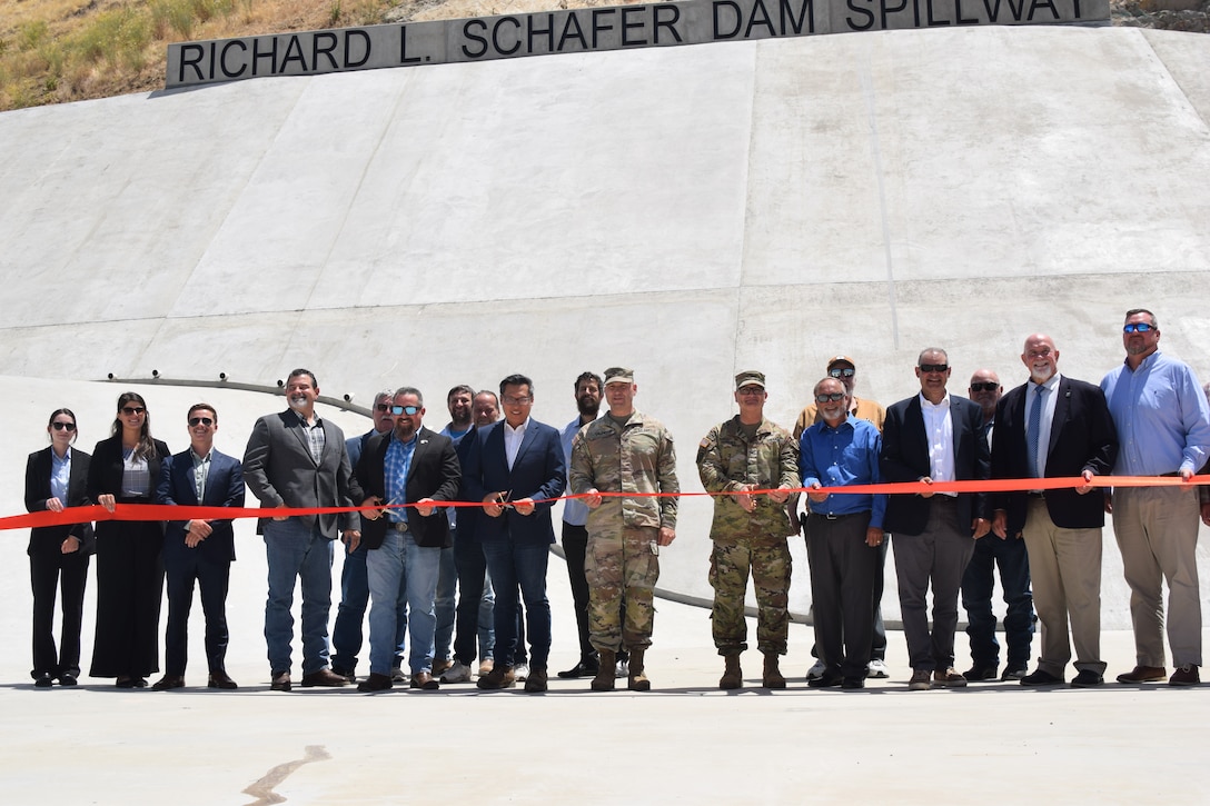 Partners of the Tule River Spillway Enlargement Project participate in a ribbon cutting ceremony near Success Lake on May 29, 2025. The spillway, which was completed by the U.S. Army Corps of Engineers Sacramento District in March 2025, will provide increased flood risk management to approximately 60,000 residents downstream the Tule River. (U.S. Army photo by Samantha Boyle)